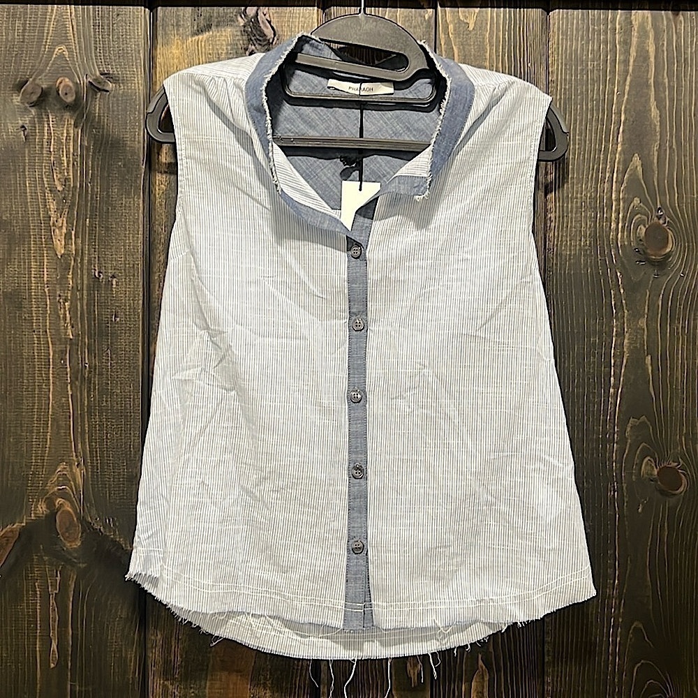 Pharaoh Blue Chambray Top 0 Japanese Cotton Button Front Collar Quiet Luxury NWT